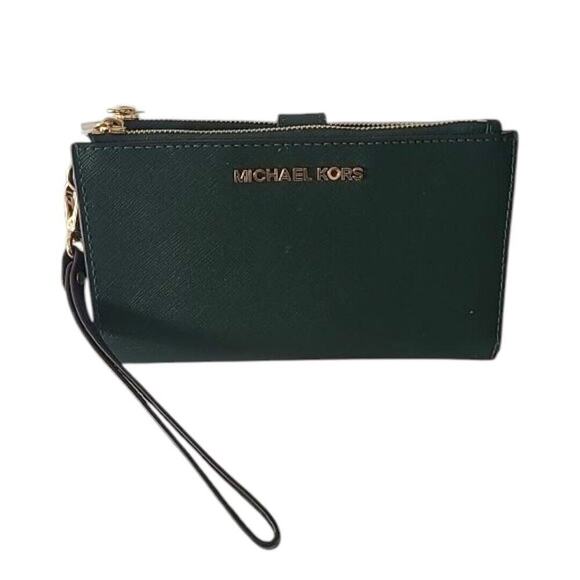 Michael Kors Women's Jet Set Double Zip Wristlet Wallet Green/Gold - Picture 1 of 16